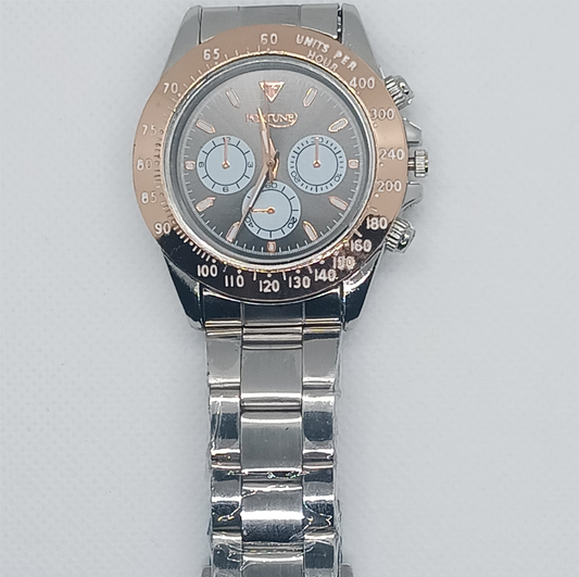 Apex Chronograph – Black Dial with Silver Strap & Rose Gold Bezel