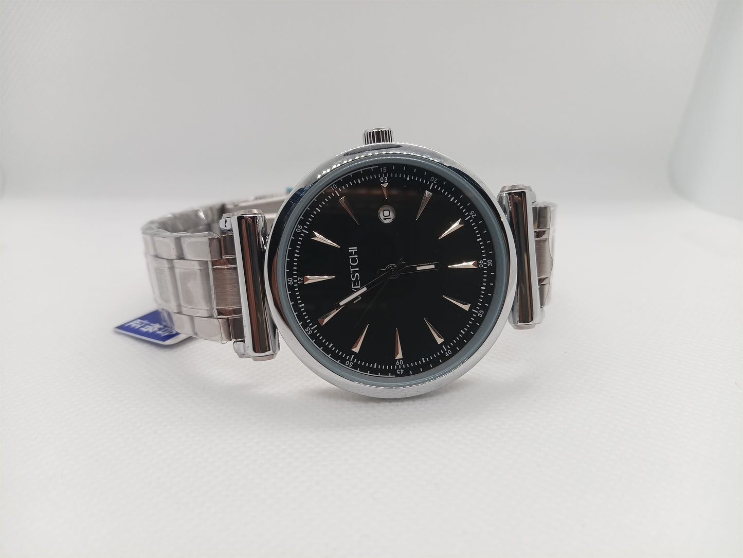 Elegant Black Dial Men’s Watch – Silver Stainless Steel Chain, Date Feature, Water Resistant