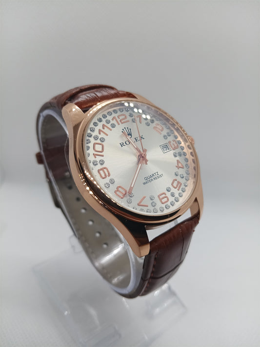 Premium White Dial Men’s Watch – Brown Leather Strap, Classic Luxury Design, Date Feature