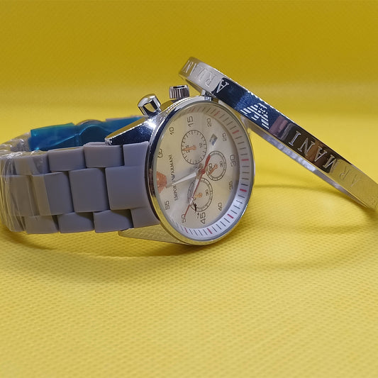 Armani Signature Set – Silver Chronograph Watch & Engraved Bracelet