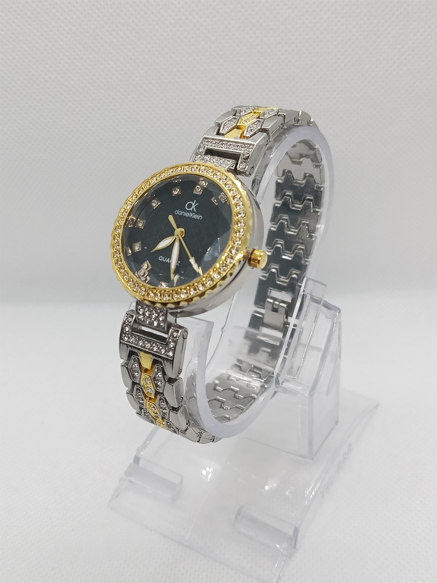 Luxury Black Crystal Dial Women’s Watch with Dual-Tone Strap