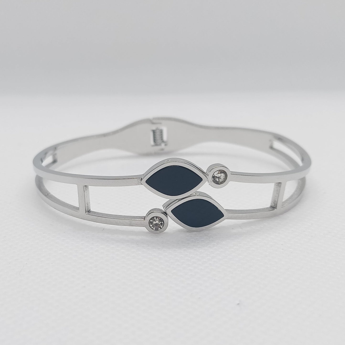 Silver Dual Leaf Black Stone Stainless Steel Bracelet for Women