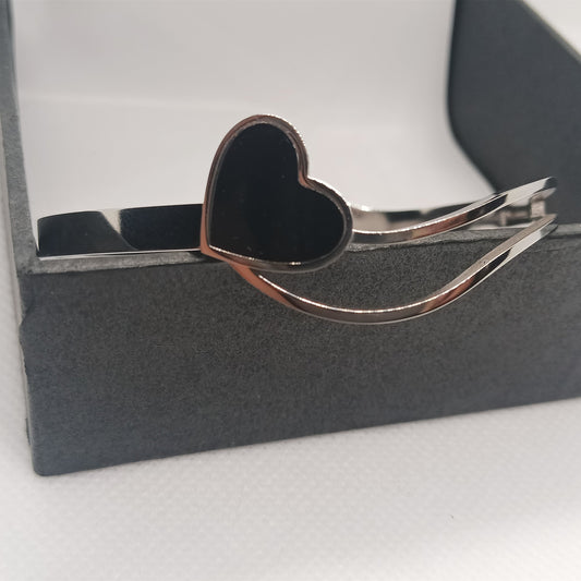 Silver Stainless Steel Heart Bracelet with Black Enamel
