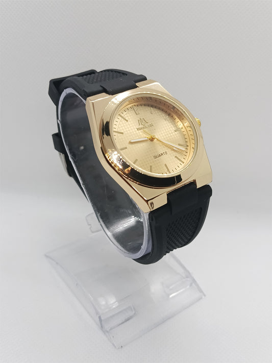 Golden Dial Men’s Watch – Black Rubber Strap, Water Resistant, Premium Build