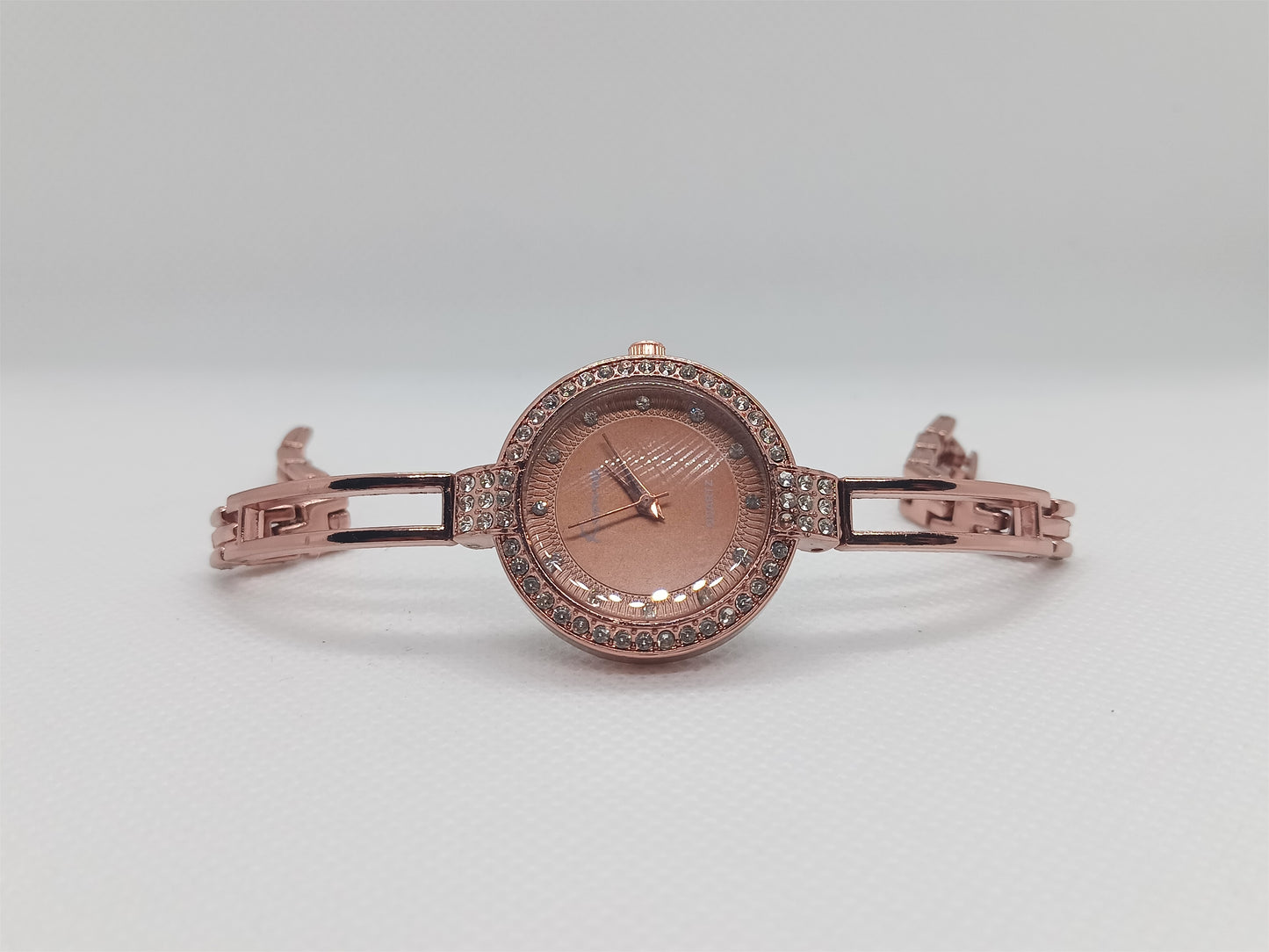 Elegant Grace Ladies Watch – Rose Bronze Bangle Bracelet, Crystal Bezel, Modern Chic Dial