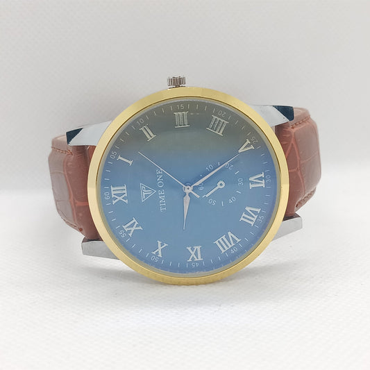 Wristwatch with brown leather strap and blue dial on a white background