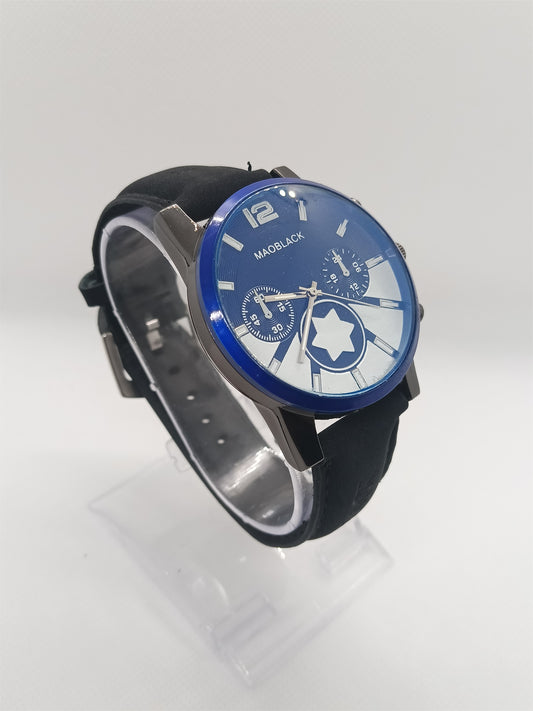 Blue Dial Men’s Leather Watch – MAOBLACK Oversized Heavy Dial, Black Leather Strap