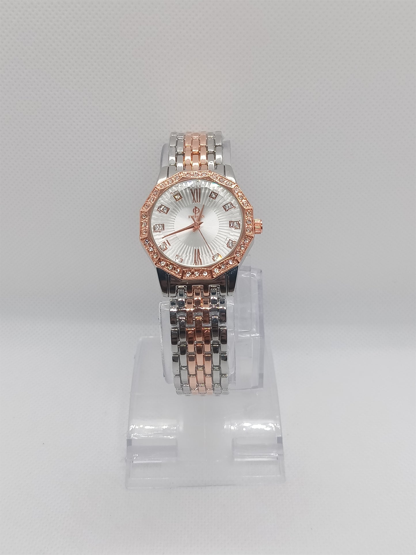 Rose Luxe Ladies Watch – Rose Gold & Silver Chain, Crystal Bezel, Premium Dial
