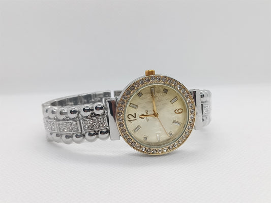 Silver Pearl Classic Ladies Watch – Gold Plated, Pearl White Dial, Crystal Bezel