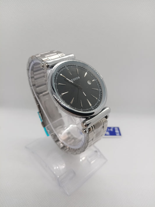 Elegant Black Dial Men’s Watch – Silver Stainless Steel Chain, Date Feature, Water Resistant