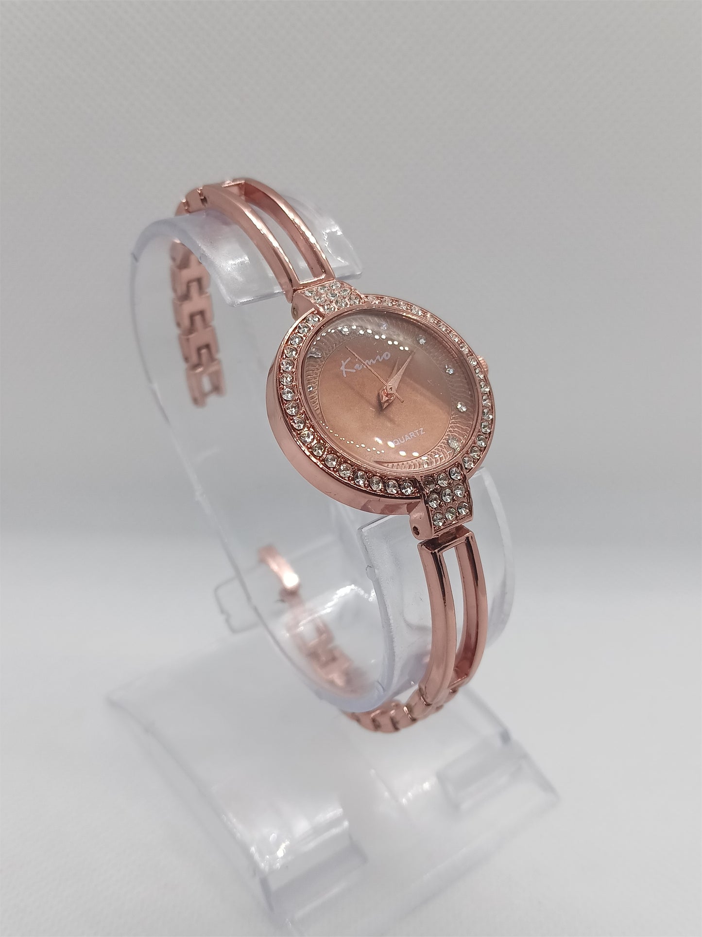 Elegant Grace Ladies Watch – Rose Bronze Bangle Bracelet, Crystal Bezel, Modern Chic Dial