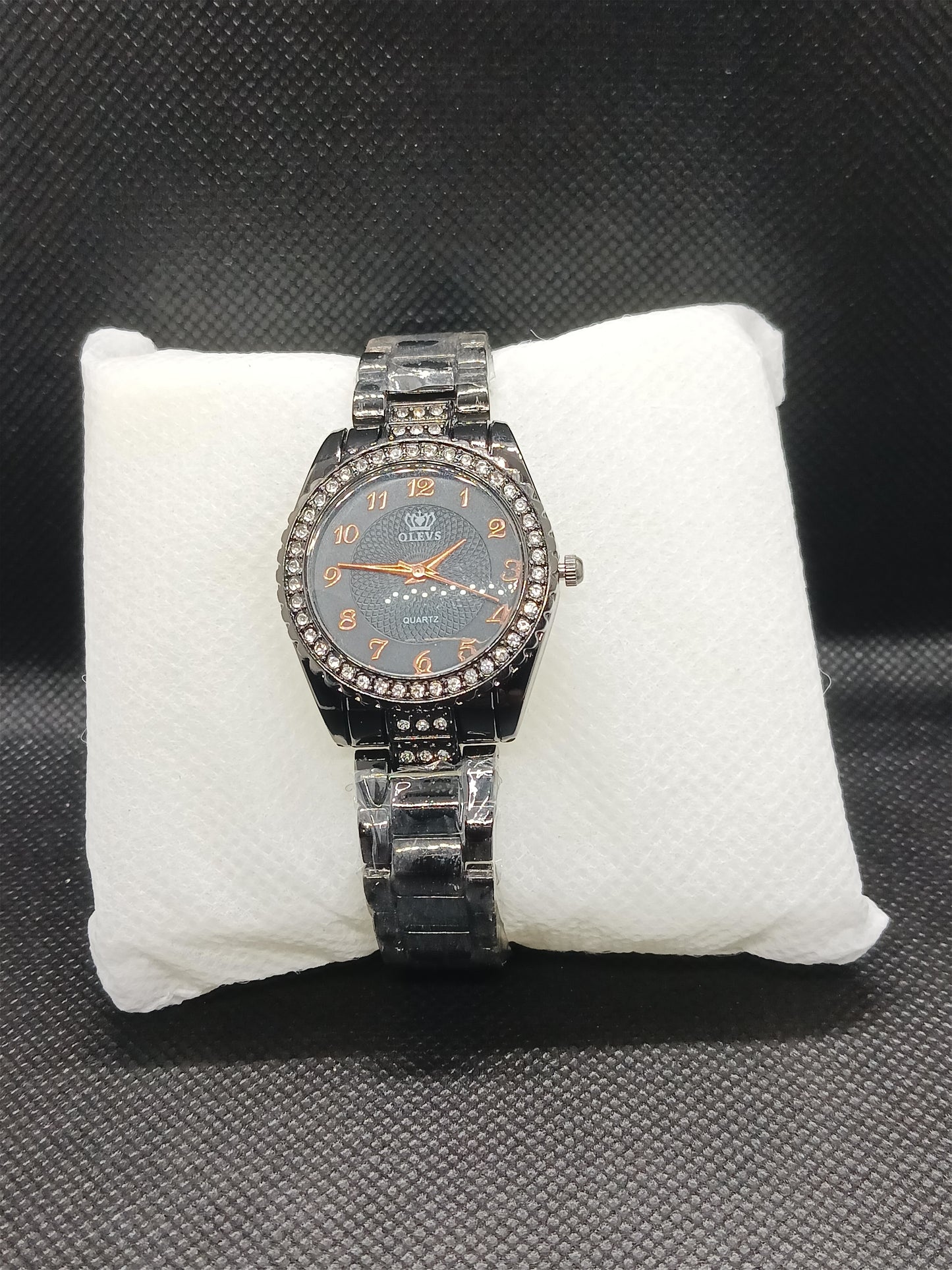 Ladies Crystal Bezel Watch – Black Dial with Black Stainless Steel Strap