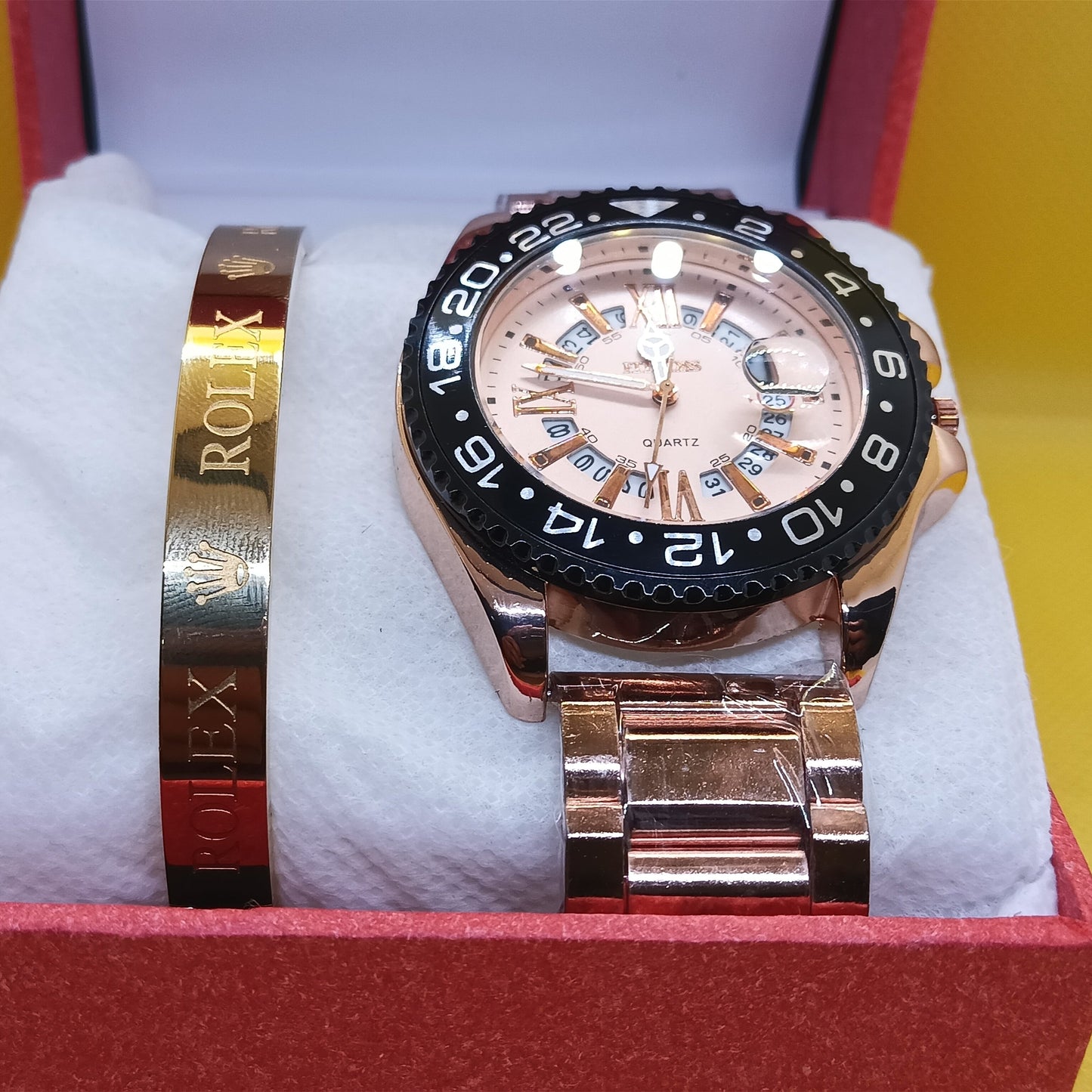 Gold Prestige Set – GMT Roman Dial Watch & Rolex Inspired Bracelet