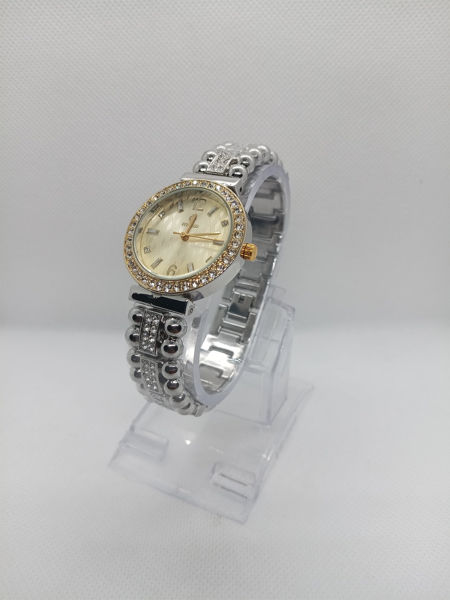 Silver Pearl Classic Ladies Watch – Gold Plated, Pearl White Dial, Crystal Bezel