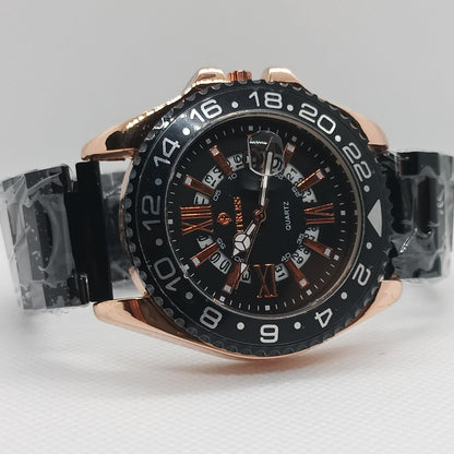 Luxury watch with black dial and rose gold case on a light gray background