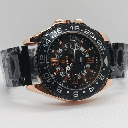 Luxury watch with black dial and rose gold case on a light gray background