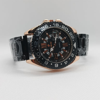 Luxury watch with black dial and rose gold case on a light gray background