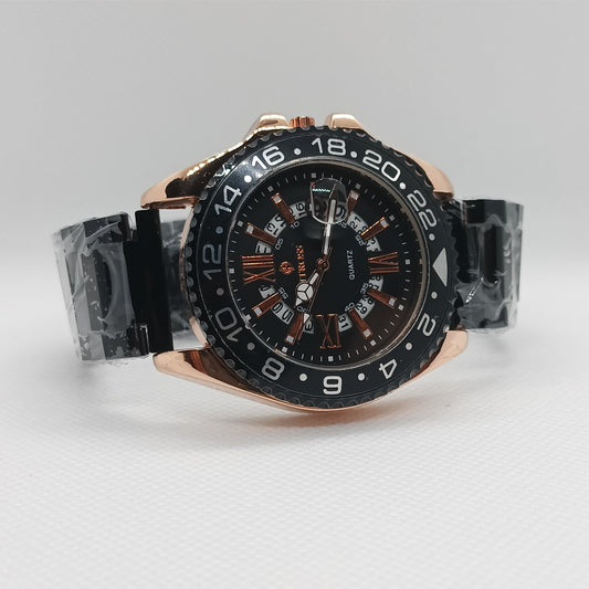 Luxury watch with black dial and rose gold case on a light gray background