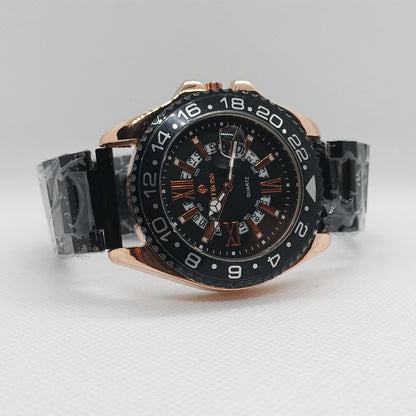 Luxury watch with black dial and rose gold case on a light gray background