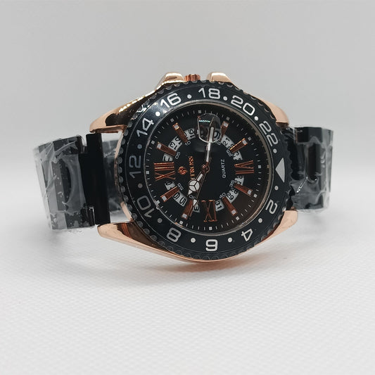 Luxury watch with black dial and rose gold case on a light gray background