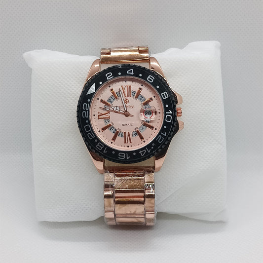 Rose gold watch with a detailed face on a white cushion