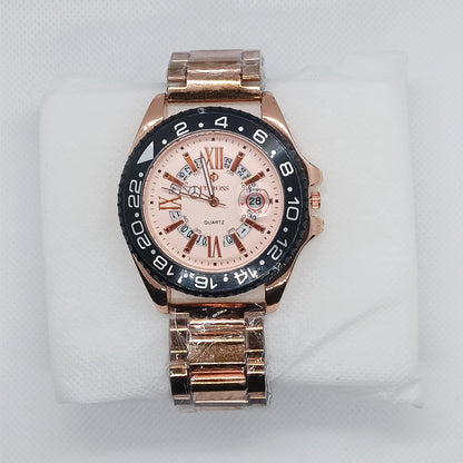 Rose gold watch with a white face on a light gray background