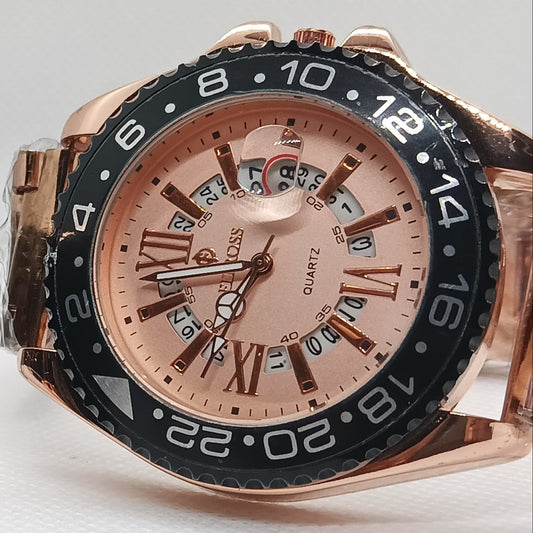 Two rose gold watches with black and rose gold faces on a light gray background
