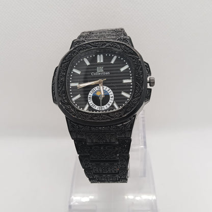 Black wristwatch with detailed design on a white background