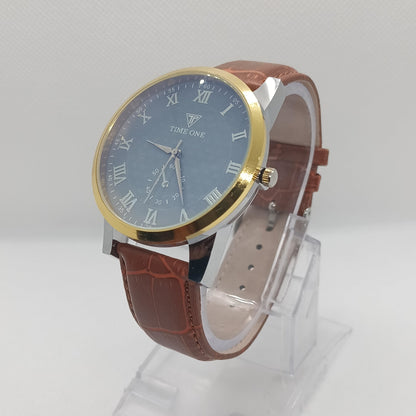 Watch with brown leather strap and blue face on a white background
