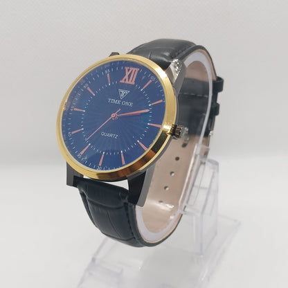 Wristwatch with blue dial and black strap on a white background