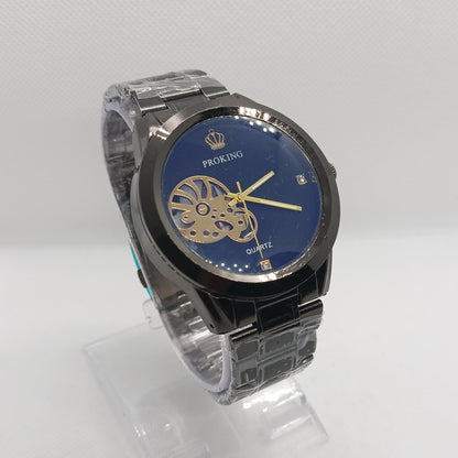 Wristwatch with blue face and transparent strap on a white background