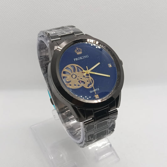 Wristwatch with blue face and transparent strap on a white background