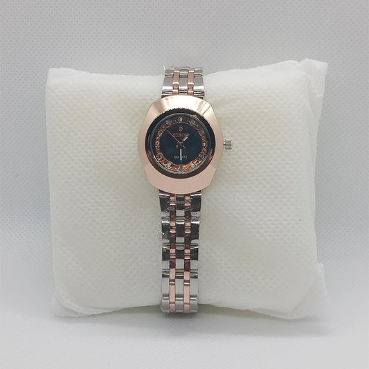 Modern Two-Tone Ladies’ Watch – Rose Gold Bezel & Black Dial