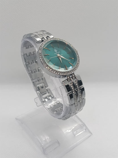 Elegant Silver Crystal Bracelet Watch – Aqua Dial