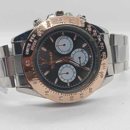 Apex Chronograph – Black Dial with Silver Strap & Rose Gold Bezel