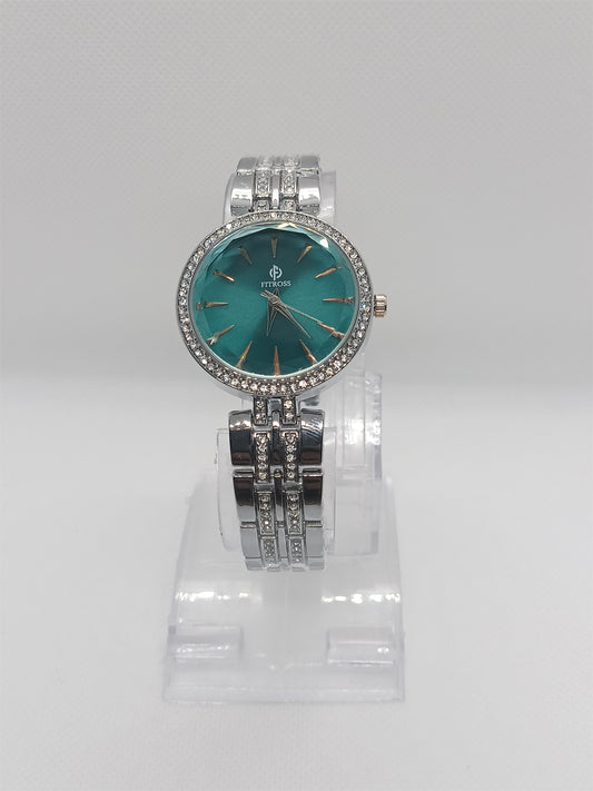 Elegant Silver Crystal Bracelet Watch – Aqua Dial
