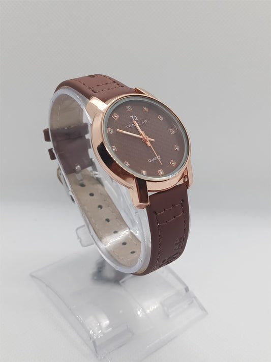 Brown Elegance Ladies Watch – Rose Gold Dial, Leather Strap, Premium Design