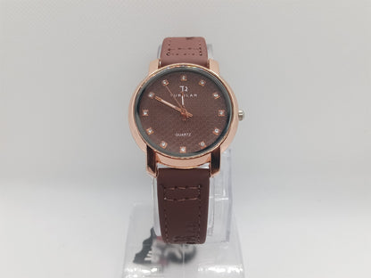 Brown Elegance Ladies Watch – Rose Gold Dial, Leather Strap, Premium Design