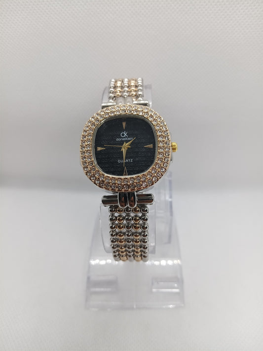 Luxury Black Crystal Frame with Golden Mesh Strap