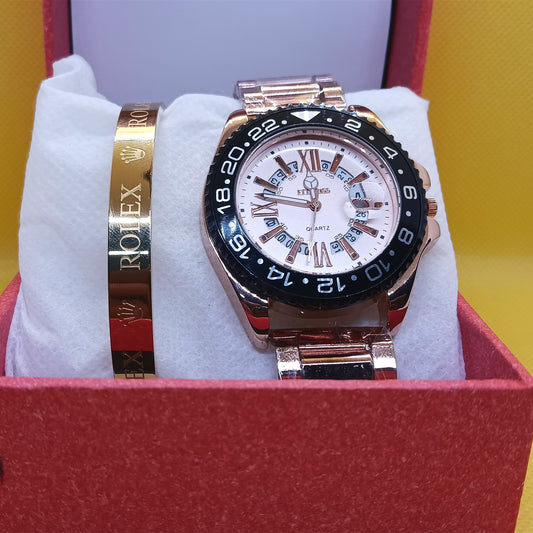 Gold Prestige Set – GMT Roman Dial Watch & Rolex Inspired Bracelet