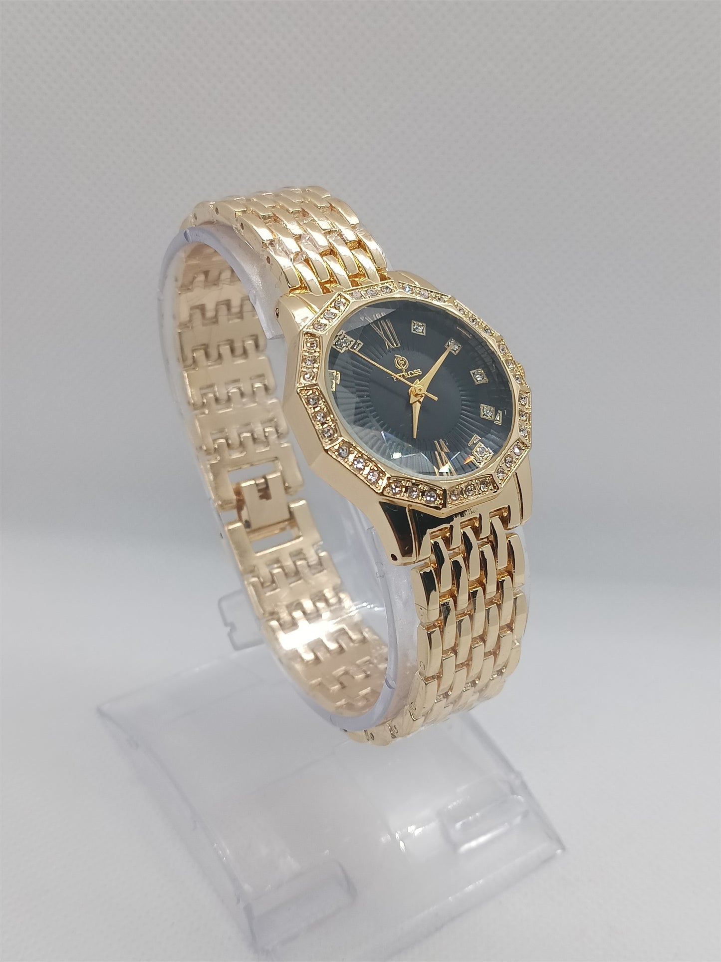Midnight Grace Ladies Watch – Gold Bracelet, Black Dial, Crystal Bezel