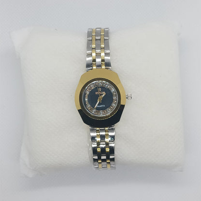Classic Two-Tone Ladies’ Watch – Gold Bezel & Black Dial