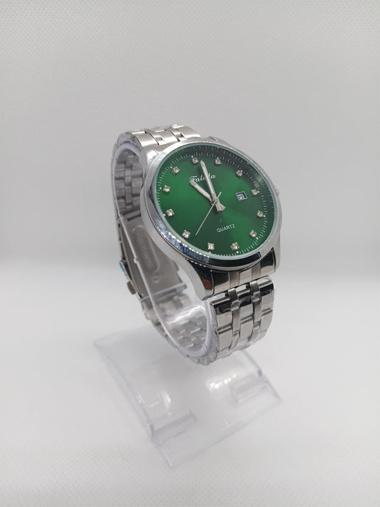 Green Luxury Dial Men’s Watch – Silver Stainless Steel Chain, Date Display, Water Resistant