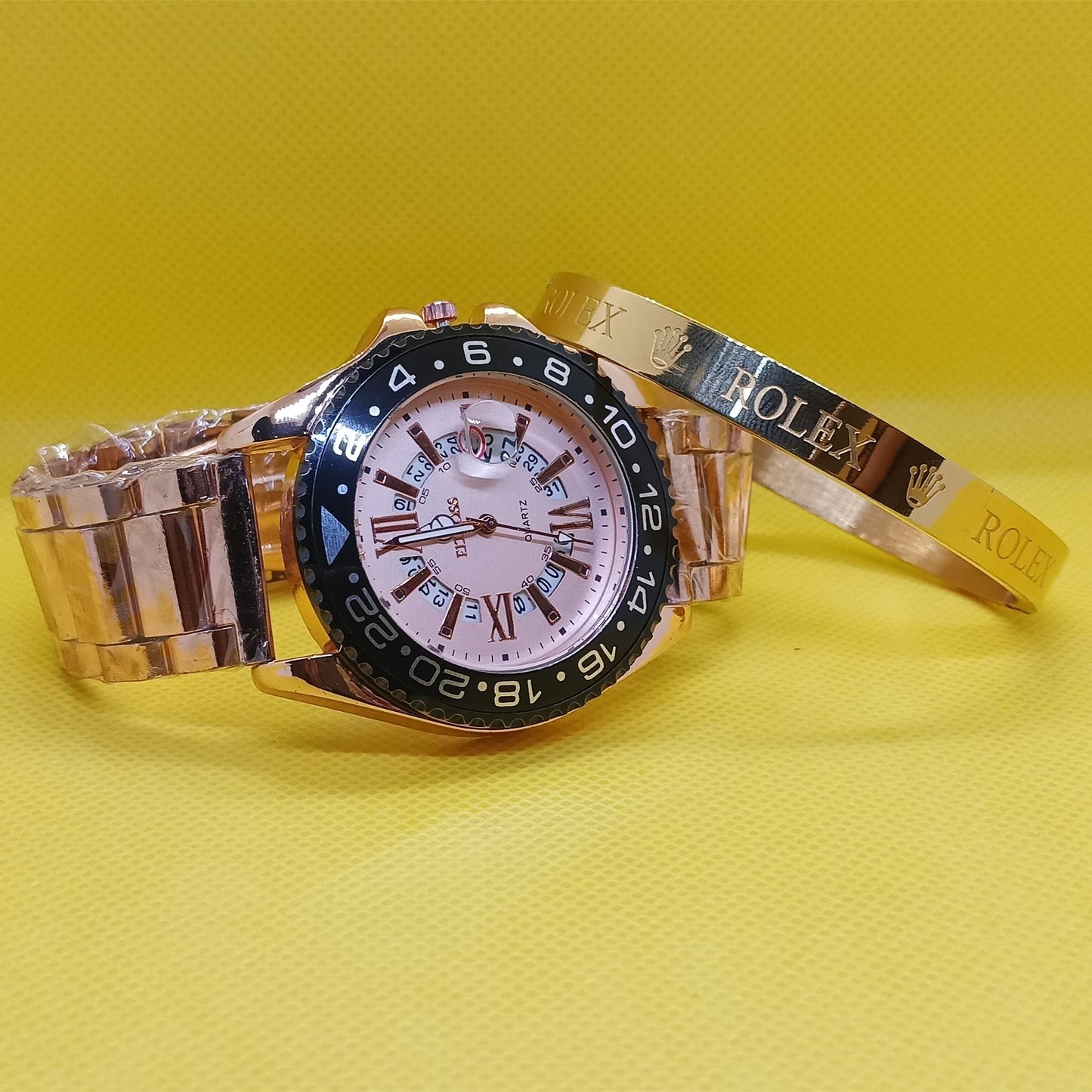 Gold Prestige Set – GMT Roman Dial Watch & Rolex Inspired Bracelet