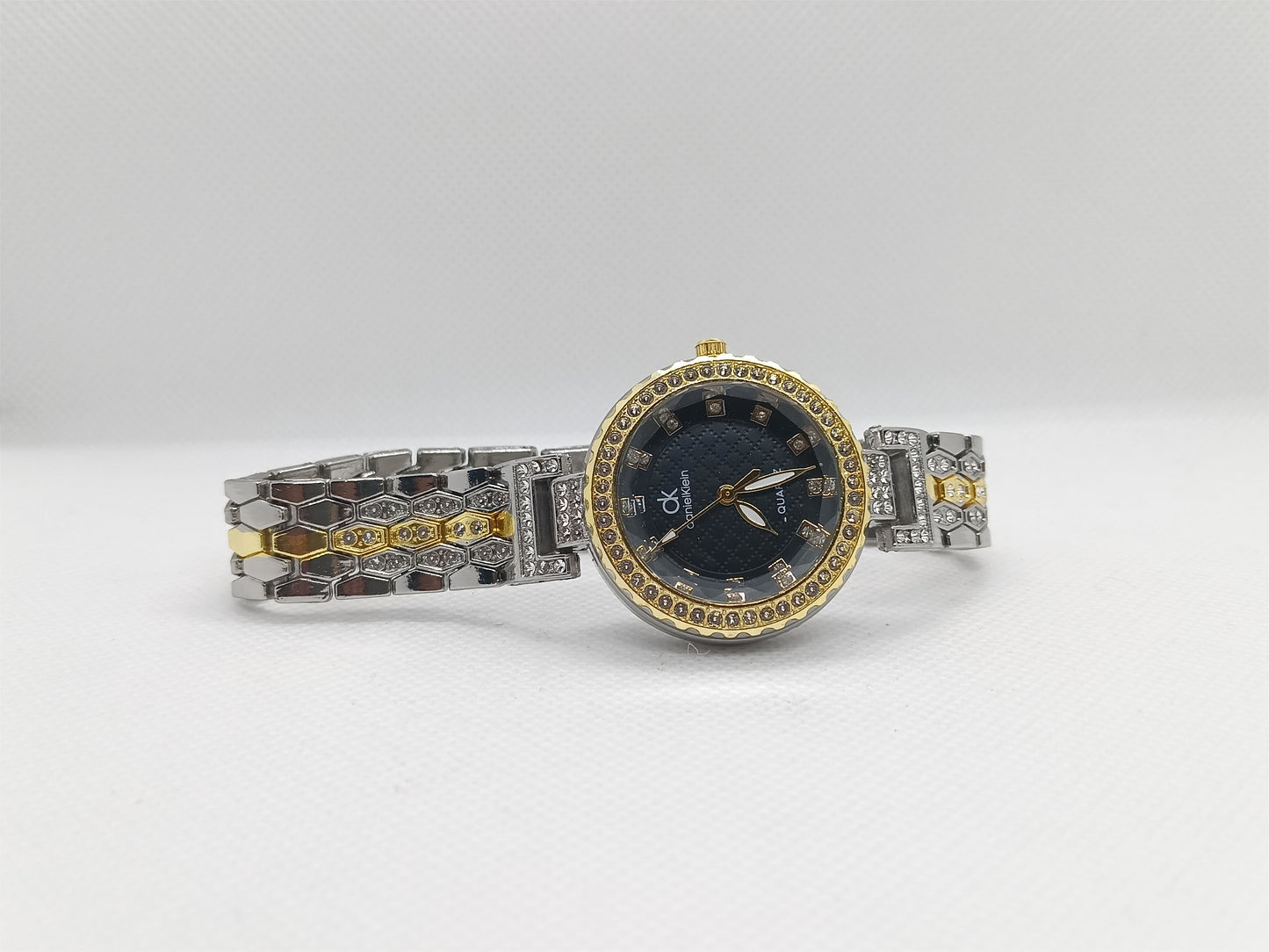 Luxury Black Crystal Dial Women’s Watch with Dual-Tone Strap