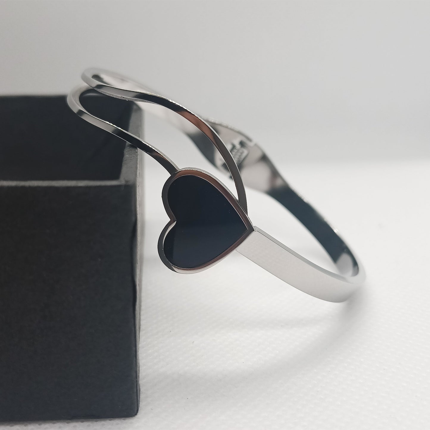 Silver Stainless Steel Heart Bracelet with Black Enamel
