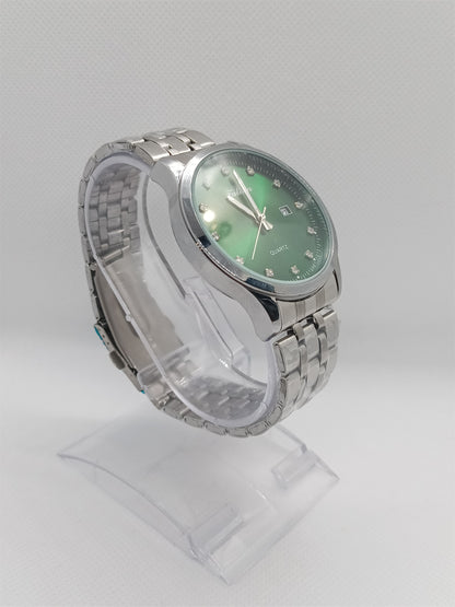 Green Luxury Dial Men’s Watch – Silver Stainless Steel Chain, Date Display, Water Resistant