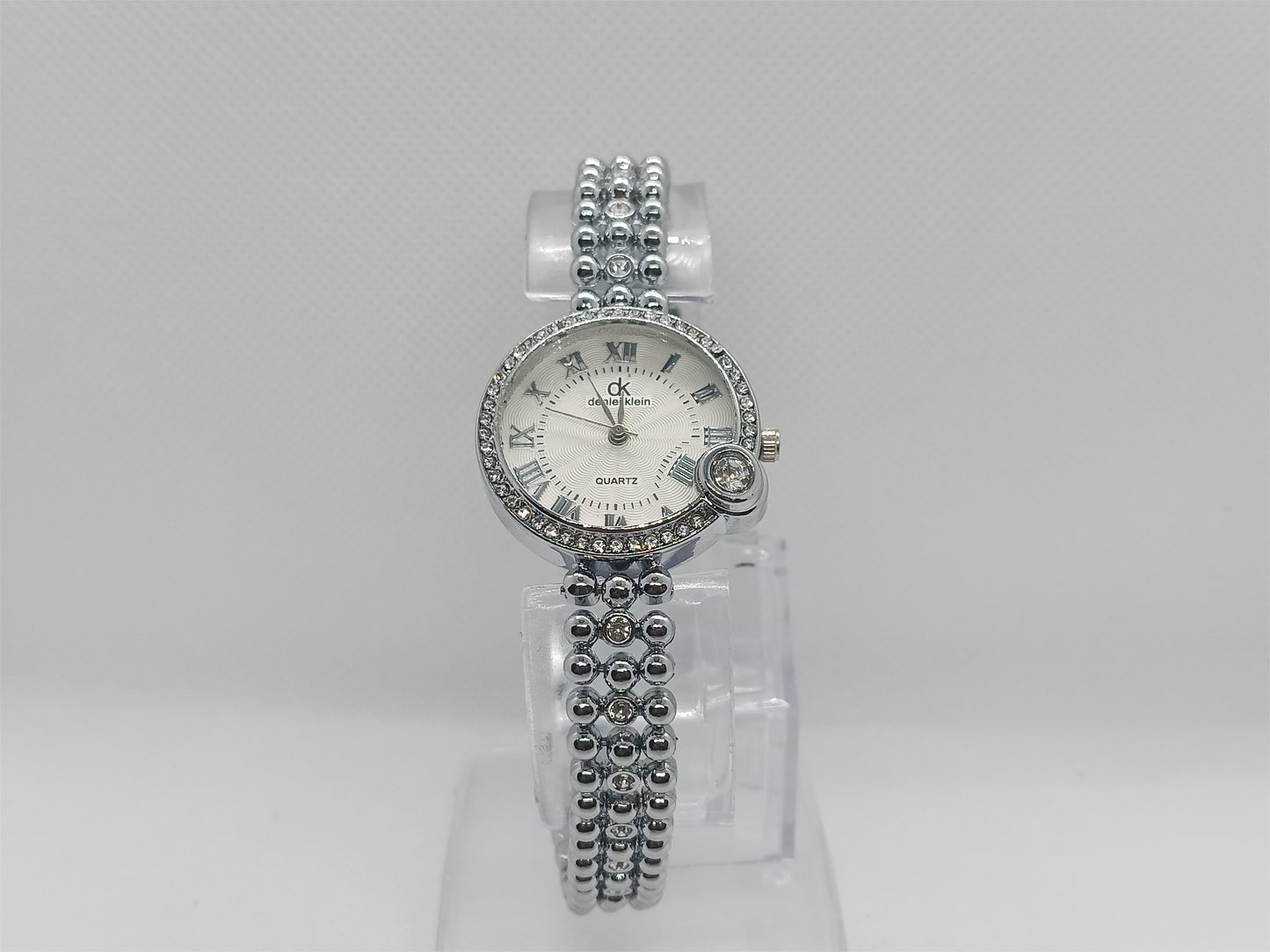 Pearl Radiance Ladies Watch – Silver Beaded Bracelet, Crystal Accent, Premium Classic Design