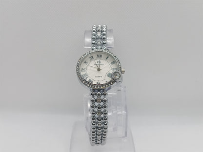 Pearl Radiance Ladies Watch – Silver Beaded Bracelet, Crystal Accent, Premium Classic Design