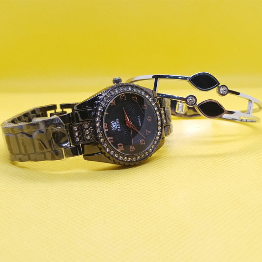 Black Elegance Set – Crystal Bezel Watch & Silver Leaf Bracelet